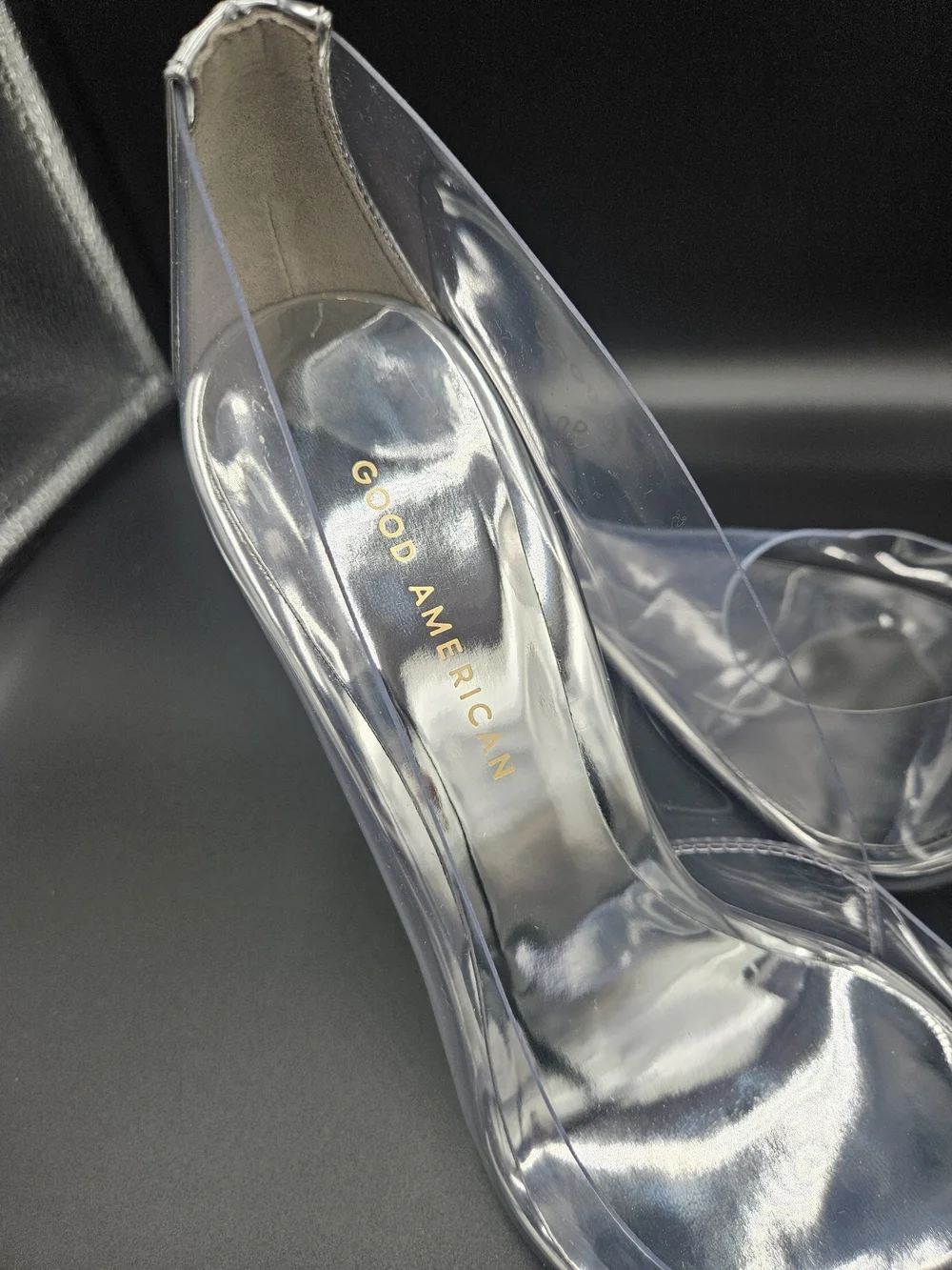Good American Clear PVC Stiletto Heels Silver Pointed Toe Pumps Size 9.5